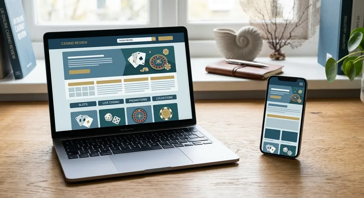Editorial illustration of a laptop and phone representing an online casino review