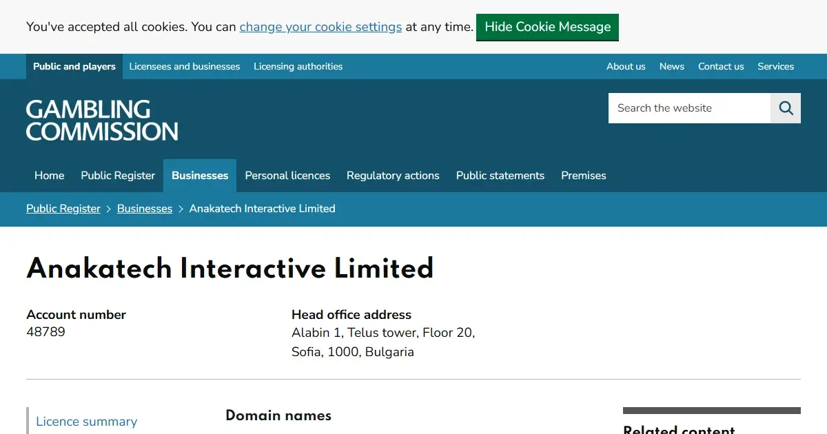 UK Gambling Commission register entry showing neptuneplay.com under Anakatech Interactive Limited