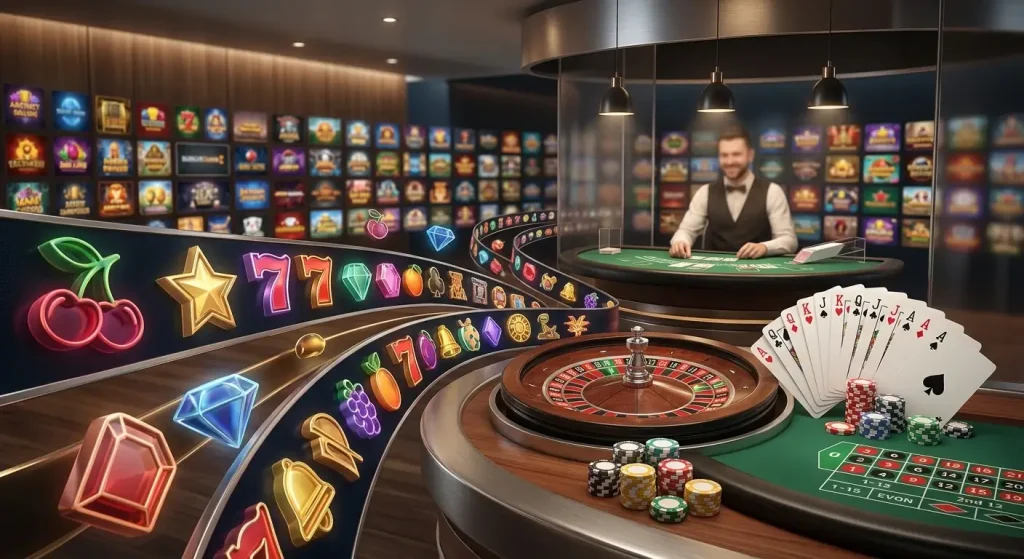 Editorial illustration representing slots, roulette and blackjack categories