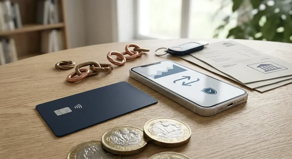 Editorial illustration of generic GBP card, bank and digital wallet payments