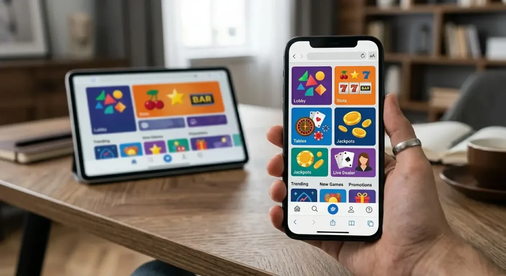 Editorial illustration of a generic responsive casino website displayed in a smartphone browser