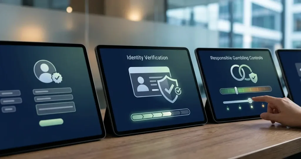 Editorial illustration of a secure account setup flow with identity checks and limit controls